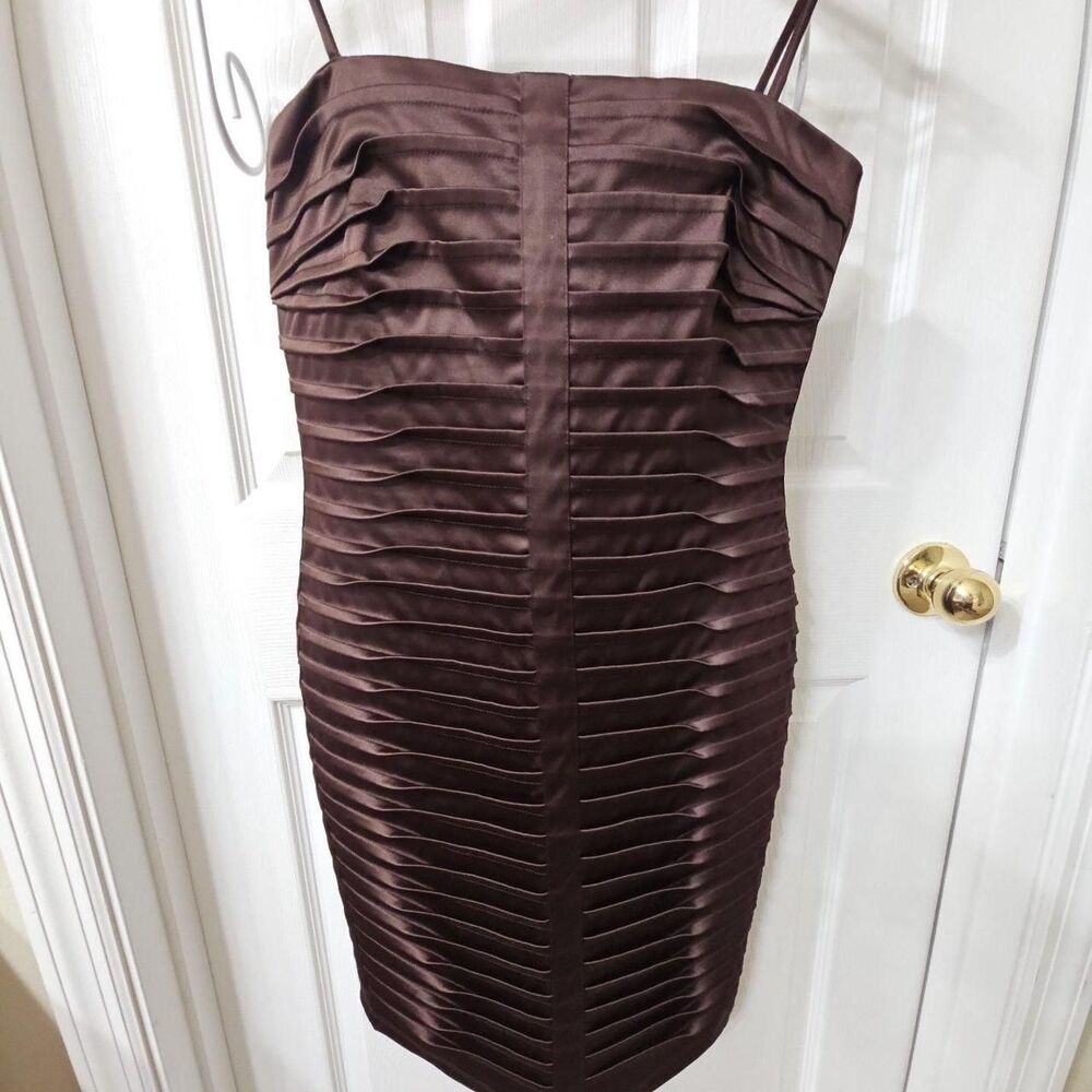 Calvin Klein Brown Satin Pleated Sheath Dress